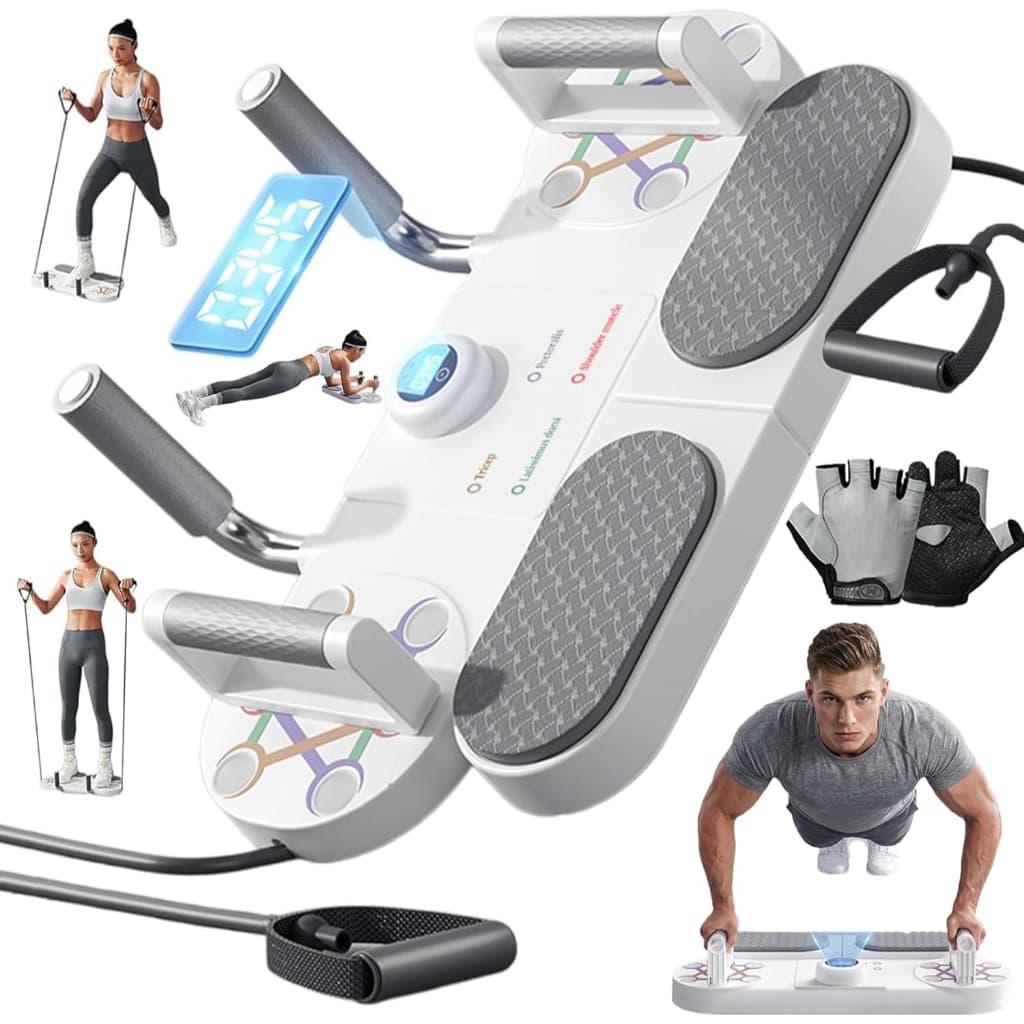 Prancha de Flexão 3 em 1 com Elástico de Resistência Kit Treino Musculação Casa Portátil Dobrável com Contador