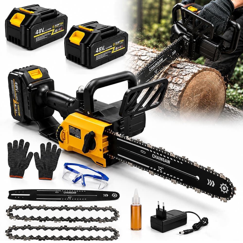 Motosserra Elétrica 12 Polegadas Profissional Brushless Com 2 Baterias 48V kit ferramentas completo