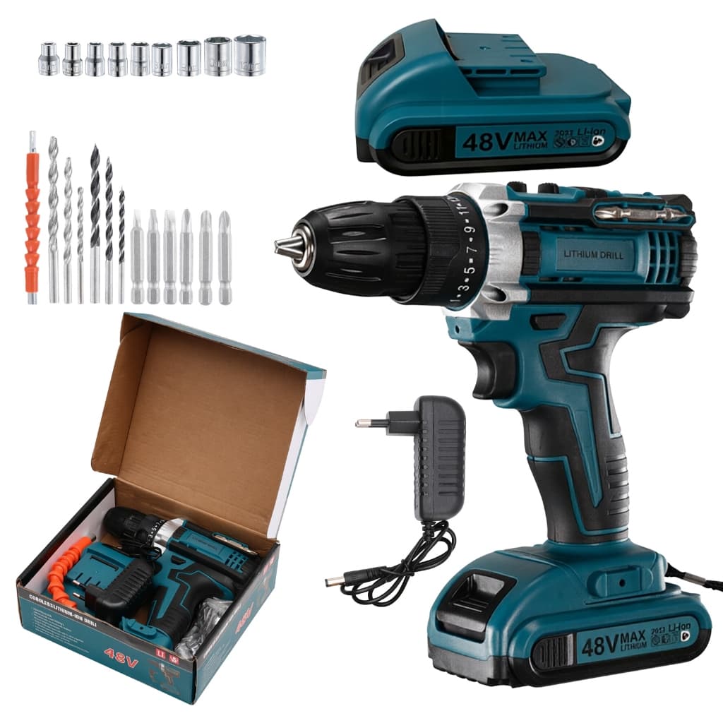 Parafusadeira Furadeira industrial 48V voltagem dupla recarregável conjunto com bateria e acessórios completos