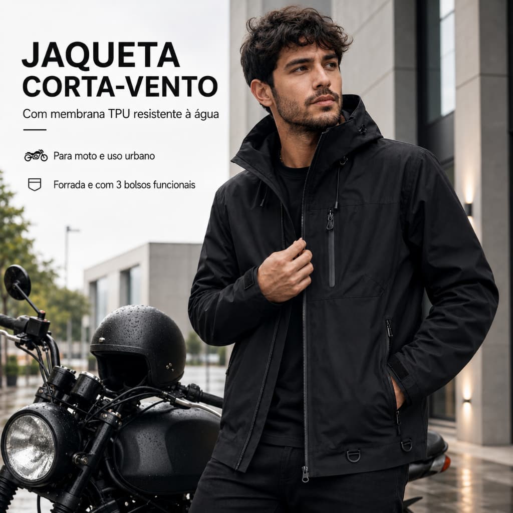 Jaqueta Corta Vento Masculina Unissex com Capuz Forrada Resistente à Água TPU para Moto e Uso Urbano