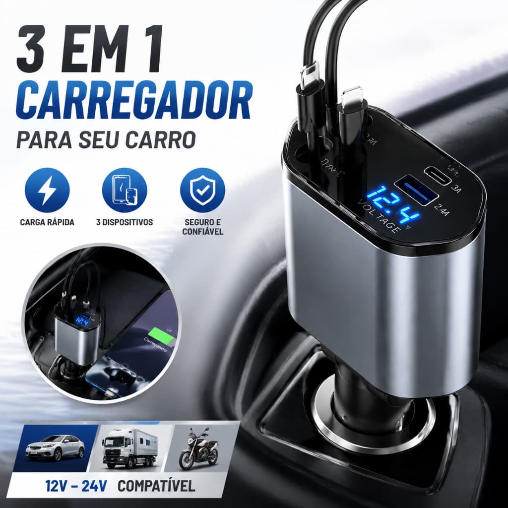 Carregador de carro retrátil, carregador rápido de para carro 4 em 1 para iPhone e Android