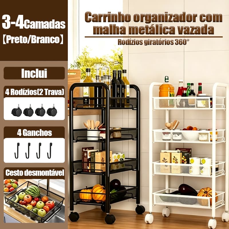 Carrinho Inox 3/4 Andares Organizador Multiuso Aramado com Rodinhas para Cozinha, Banheiro e Cosméticos