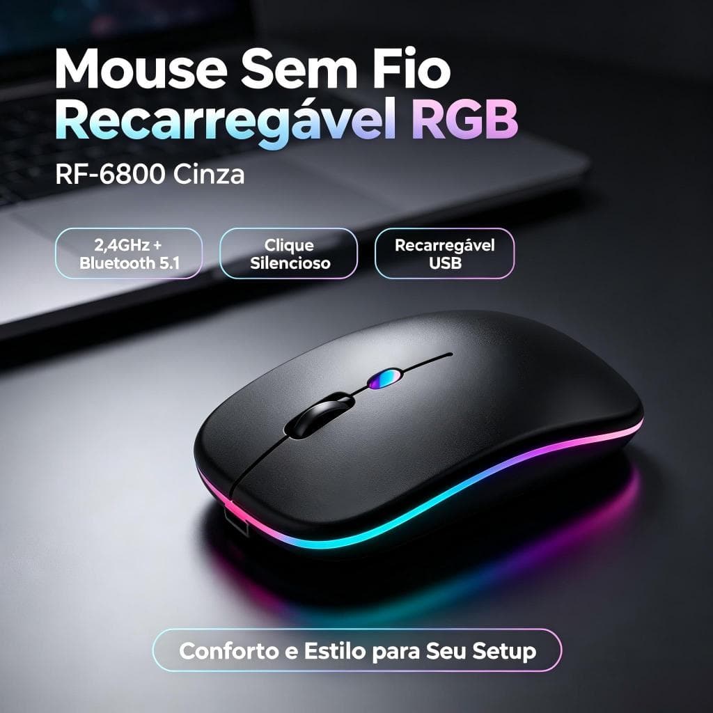 Mouse Sem Fio Recarregável Bluetooth 5.1 2.4GHz RGB Silencioso Ergonomico Para Notebook PC Celular Tablet