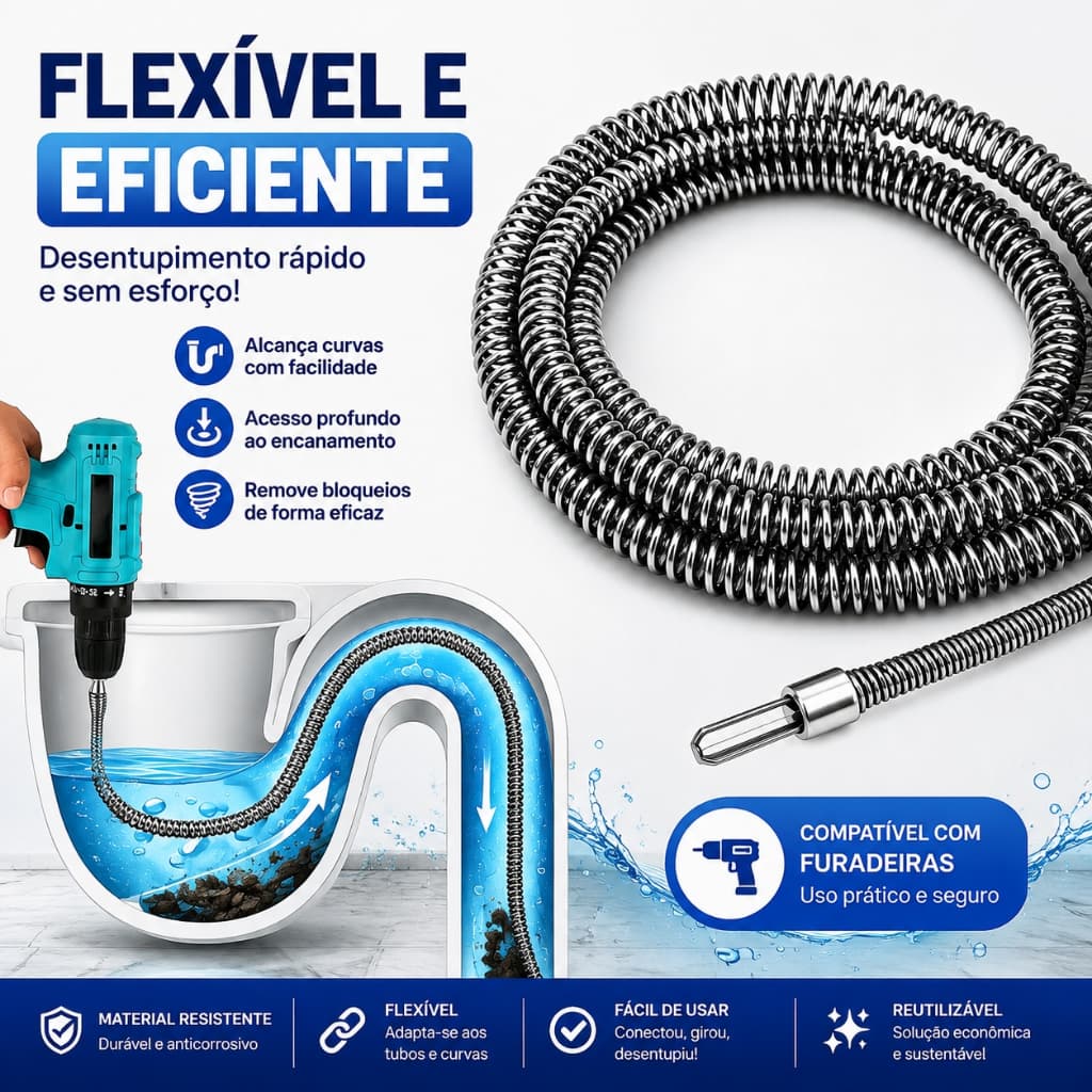 Desentupidor de Esgoto para Vaso Sanitário e Ralo Adaptador para Parafusadeira e Furadeira