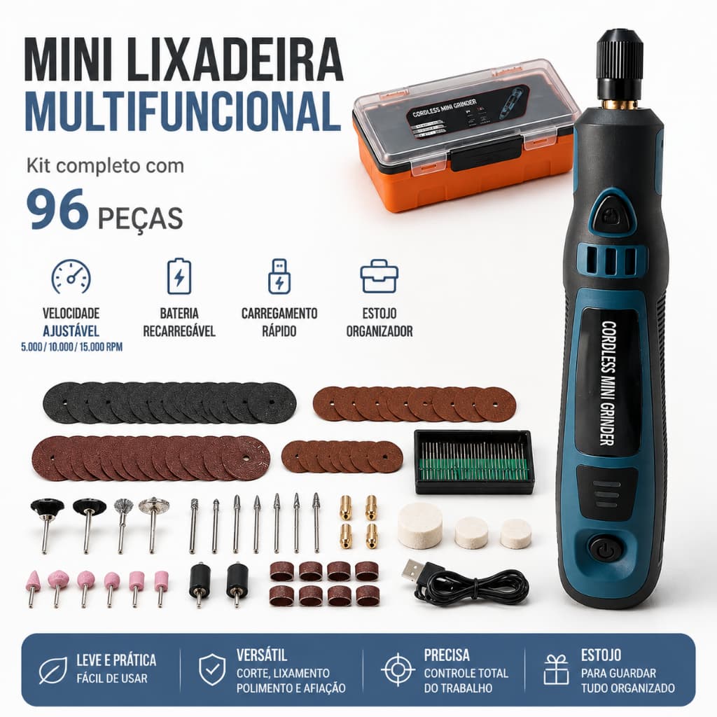 Kit Esmerilhadeira Mini Sem Fio 96 Peças | Multifuncional Corte, Polimento e Afiação