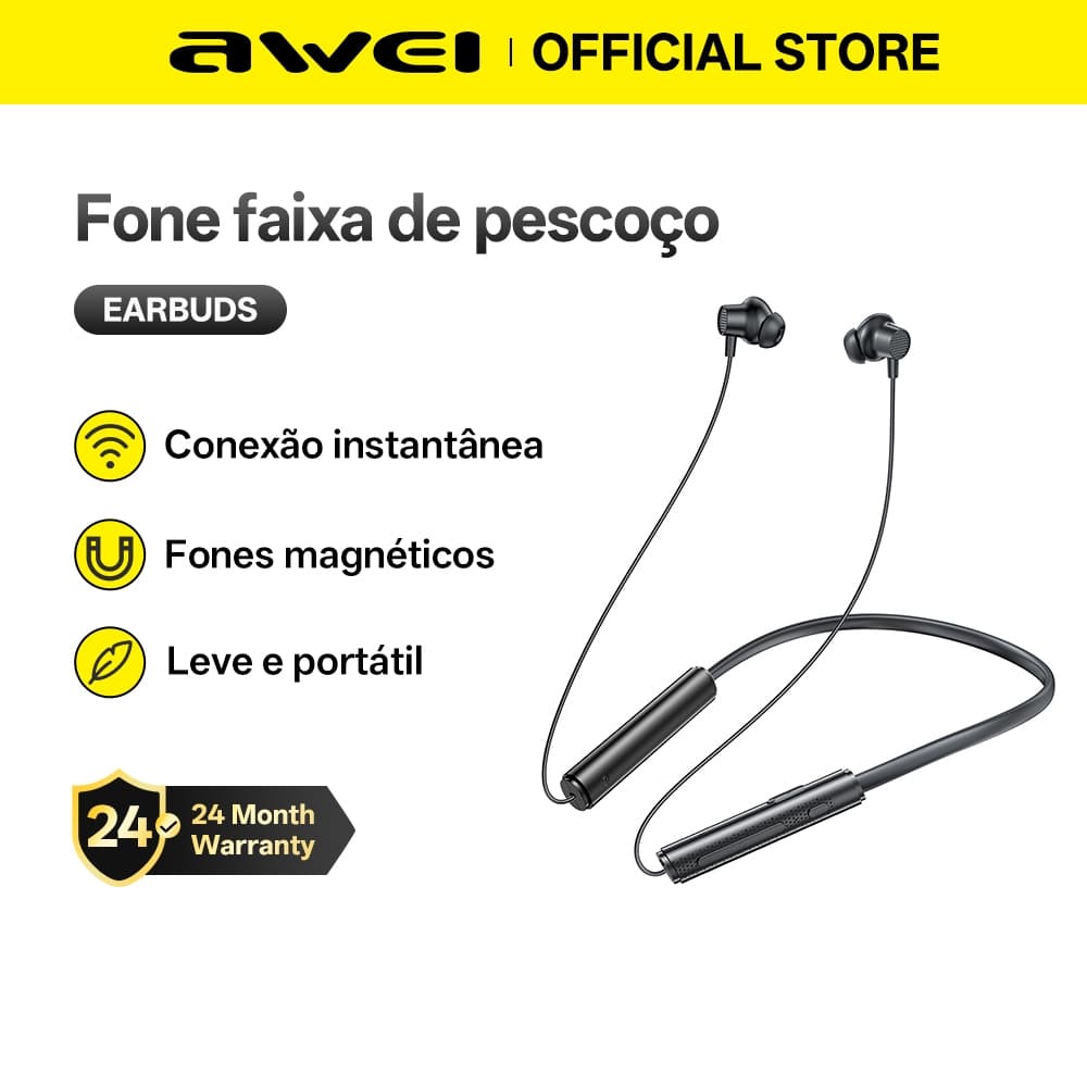 Awei G85BL Fone de Ouvido Bluetooth com faixa para pescoço fone esportivo sem fio magnético HiFi  para corrida academia