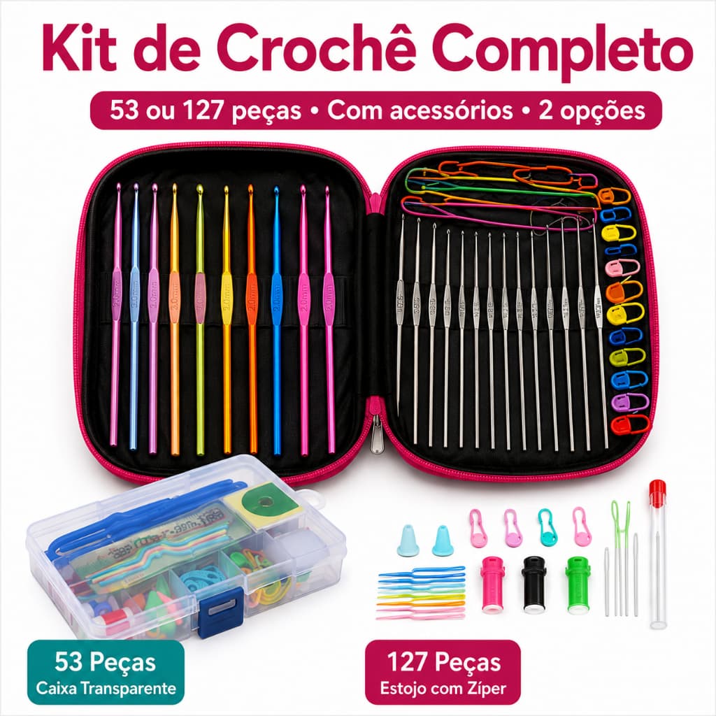 Kit Crochê Completo 53 ou 127 Peças com Agulhas ColoridasAcessórios e Estojo para Amigurumi