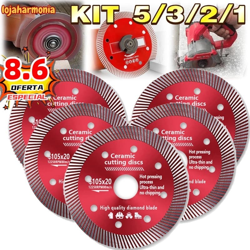 Kit5/3/2/1 Disco de Corte Diamantado Porcelanato 105 mm x 20 mm - 1,4mm A qualidade Super Fino Diamantado