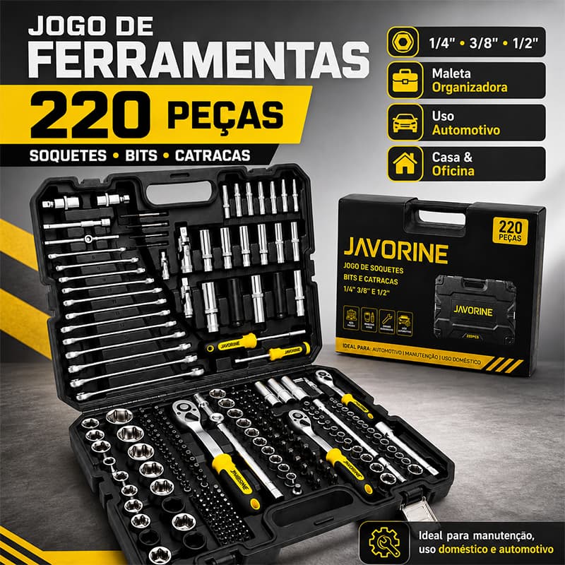 Jogo de Soquetes 220 Peças 1/4 3/8 1/2 com Catracas Bits Chaves e Maleta