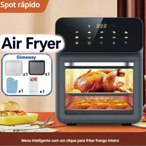 Forno Air Fryer 12L Digital Preto Escuro 1350W, faz frango frito, batata frita e muito mais