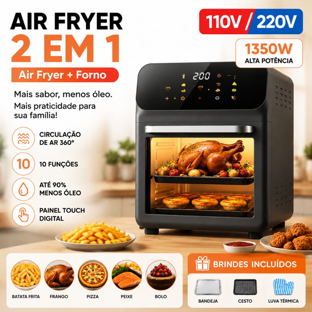 Air Fryer Oven Forno 2 em 1 Fritadeira Elétrica Sem Óleo 10 Funções Painel Touch Digital 1350W