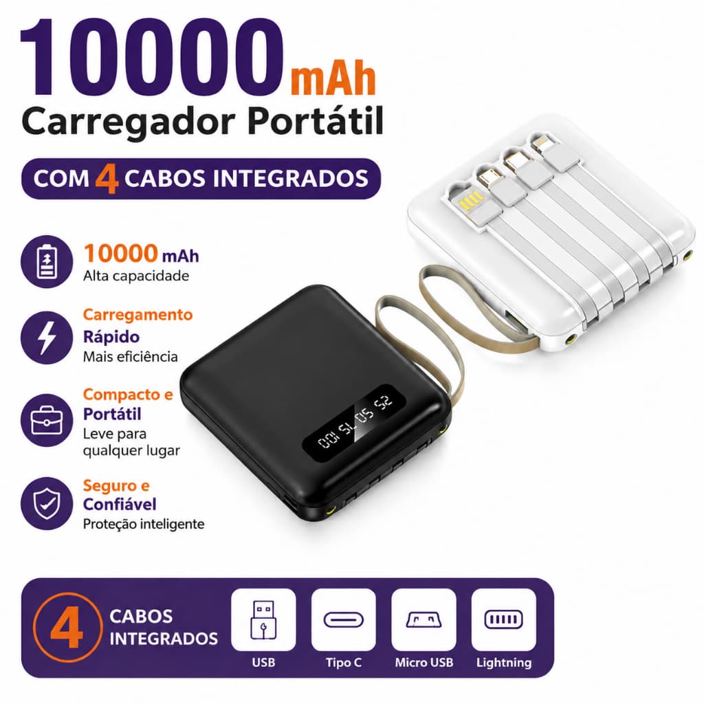 Carregador Portátil 10000mah con 4 cables de carga rápida Banco de energía digital LED