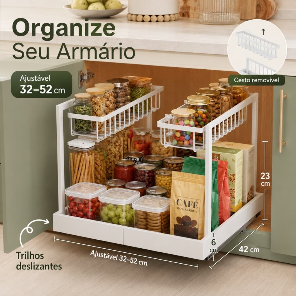 Rack Retrátil Organizador de Armário de Cozinha com 2 Cestas Deslizantes Ajustável Multiuso  Instalação Sem Furos