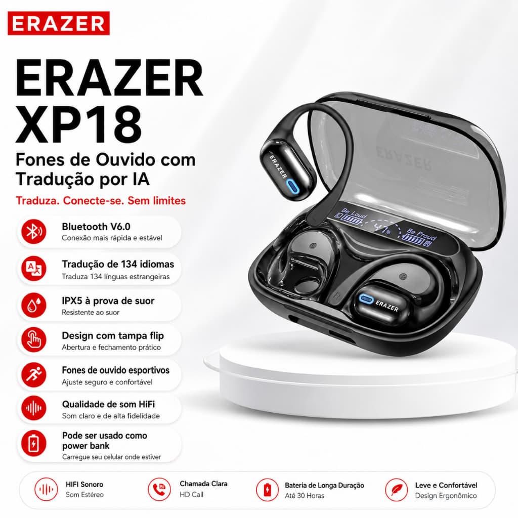 ERAZER XP18 AI Tradução TWS Fone de ouvido Bluetooth Fone de ouvido de carregamento reverso Bluetooth 6.0 HiFi