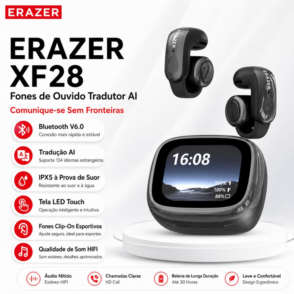 Lenovo ERAZER XF28 AI tradução fone de ouvido bluetooth V6.0 tela toque fone de ouvido esportivo sem fio bluetooth