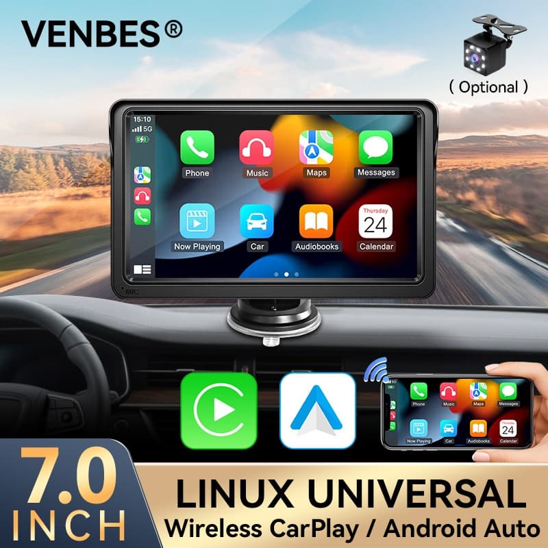 VENBES 7 Polegada Rádio Do Carro Touch Screen CarPlay Android Auto Mirrorlink USB TF AUX Com Câmera Traseira