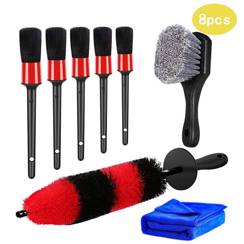 Kit 8 Peças Escovas Limpeza Automotiva Detalhamento Carro Interior Exterior Roda Pano Microfibra