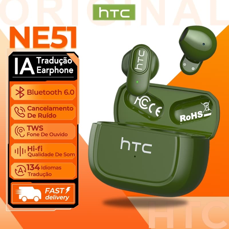 HTC NE51 Fone De Ouvido Bluetooth 6.0 AI Tradução 134 Idiomas​ Sem Fio Fone Alta Fidelidade HD Chamando Cancelament