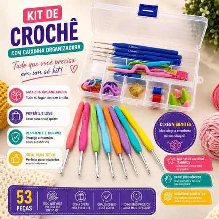 Kit Crochê Completo 53 Peças Agulhas Cabo Soft Acessórios Amigurumi Tricô Marcadores Tesoura Estojo isogoods