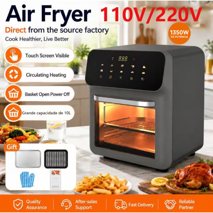 Fritadeira Sem Óleo Air Fryer Oven 10L Tela Touch Visível 1350W 110/220V Multifunção Kit Acessórios