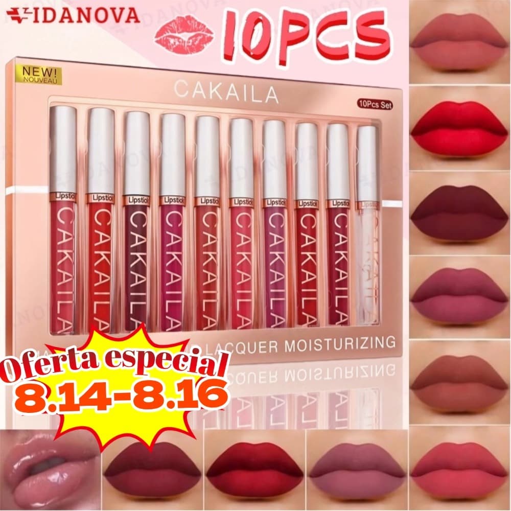 Conjunto com 10 glosses labiais matte, à prova d'água, com acabamento aveludado e cor de longa duração por 24 horas-VN