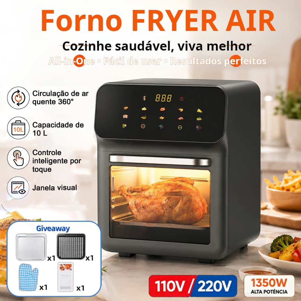 Forno Air Fryer 10 Litros Digital Visível Painel Touch 1350W Bivolt Sem Óleo，Tensão110V/220V