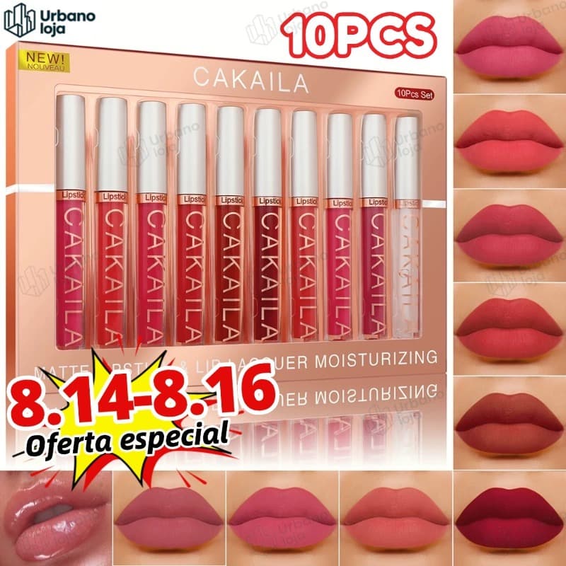Conjunto de 10 batons líquidos matte, longa duração de 24 horas, à prova d'água, não transfere e é à prova de copos -UR