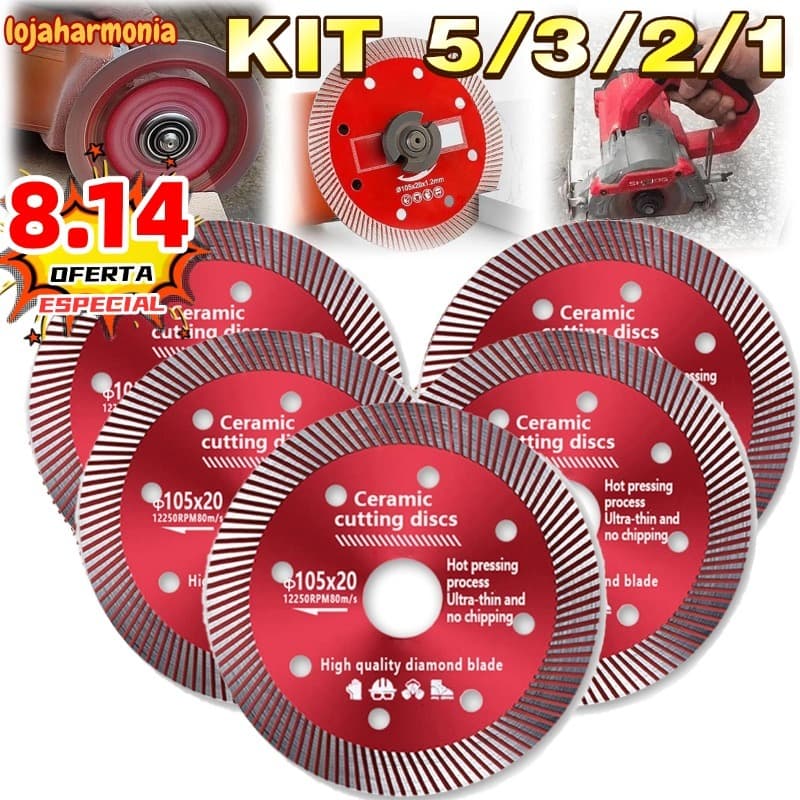 Kit5/3/2/1 Disco de Corte Diamantado Porcelanato 105 mm x 20 mm - 1,4mm A qualidade Super Fino Diamantado