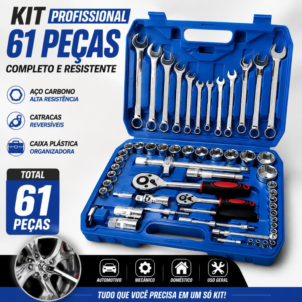 kit ferramentas 61 peças jogo soquete e chave catraca profissional automotivo