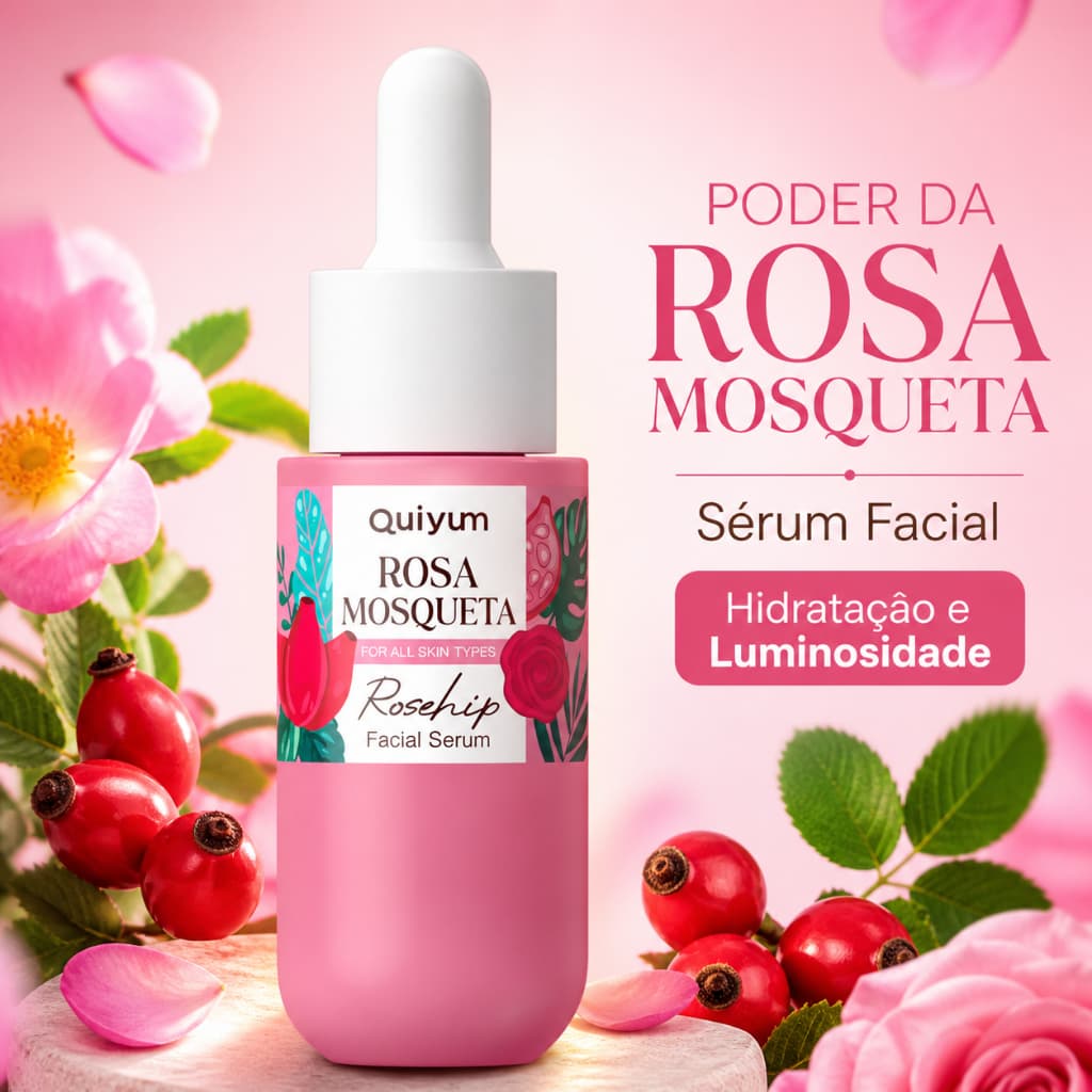 QUIYUM Sérum Facial Rosa Mosqueta 30ml com Vitamina C - Hidratante e Iluminador para Pele Radiante