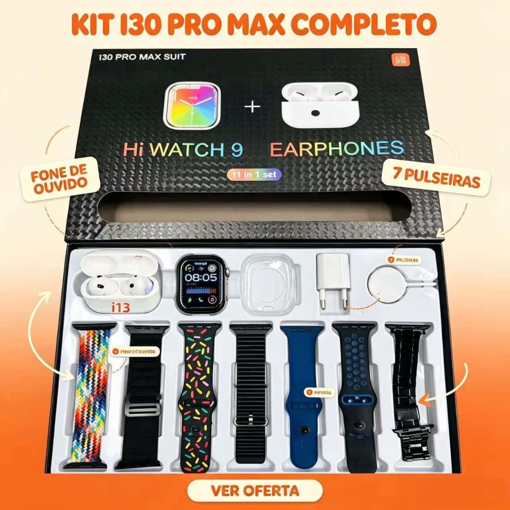 Kit Smartwatch i30 Pro Max Suit | Relógio Inteligente + Fone Bluetooth i13 + 7 Pulseiras Diferentes + Carregador Complet