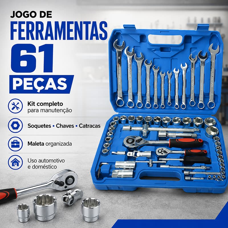 Kit de Ferramentas para Mecânica Automotiva com 61 Peças Jogo Soquete Chave Combinada Catraca