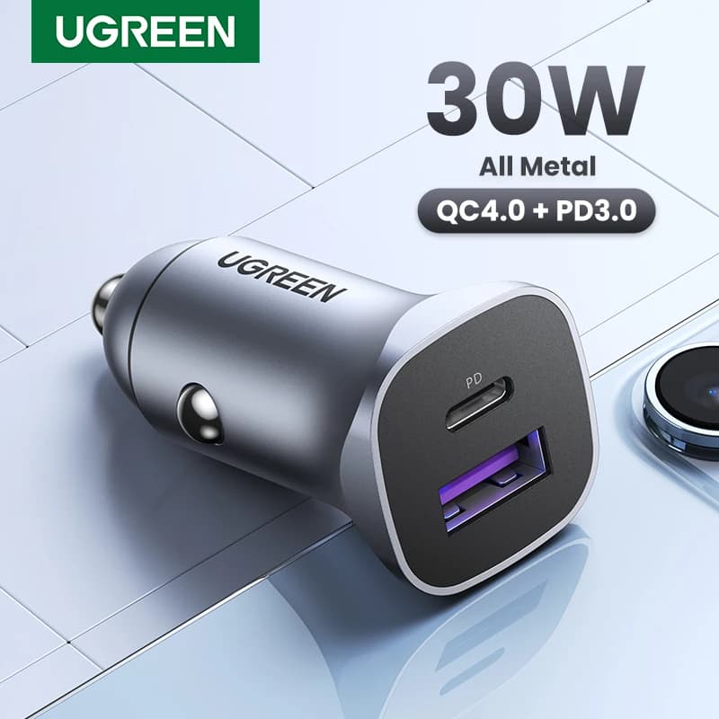Carregador De Carro U-GREEN Tipo C USB Rápido Para Carregamento Celular PD De Carga Rápida 4.0