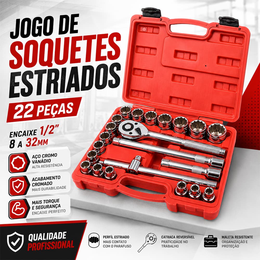 Kit Jogo Soquetes Estriados 8 A 32mm 22 Peças Chave Catraca Reversível Profissional