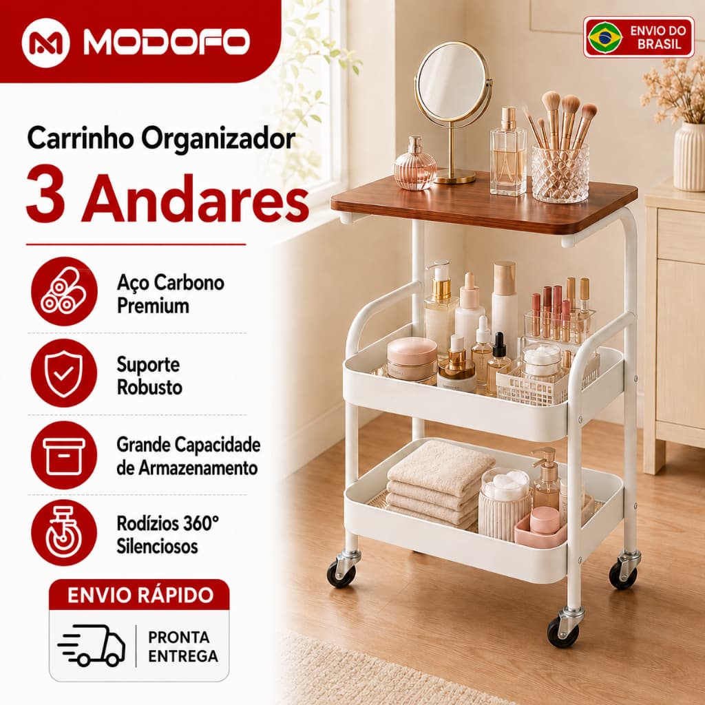 MODOFO Carrinho Organizador 3 Andares Com Rodinhas 360° Em Aço Carbono Com Tampo De Madeira Multiuso Para Cozinha Banhei