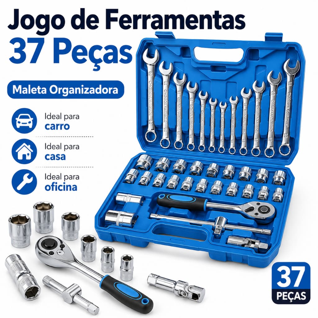 Kit Ferramentas 37 Peças Profissional Jogo Chave Combinada Soquetes e Catraca Reparo Automotivo Mecânica Geral