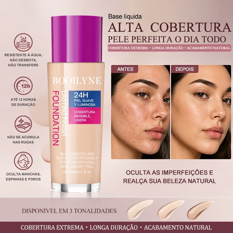 Base Líquida COKKI Longa Duração, Alta Cobertura, Resistente ao Suor e Oleosidade, Acabamento Matte Natural