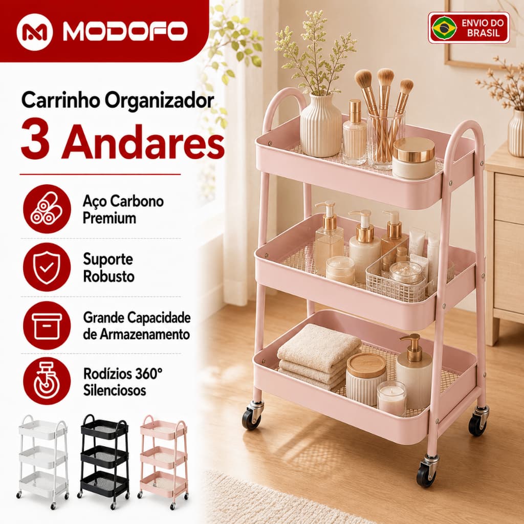 MODOFO Carrinho Organizador 3 Andares Com Rodinhas 360° Aço Carbono Multiuso Para Cozinha Banheiro Lavanderia Quarto