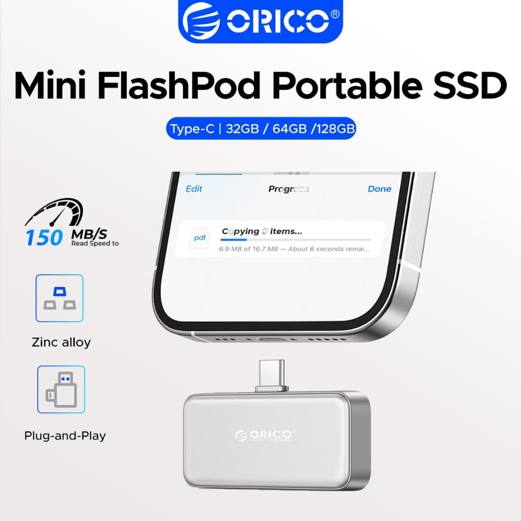 ORICO Micro FlashPod SSD Type-C Unidade De Estado Sólido Externa Portátil Mini USB Flash Drive 32GB 64GB 128GB Liga De Z