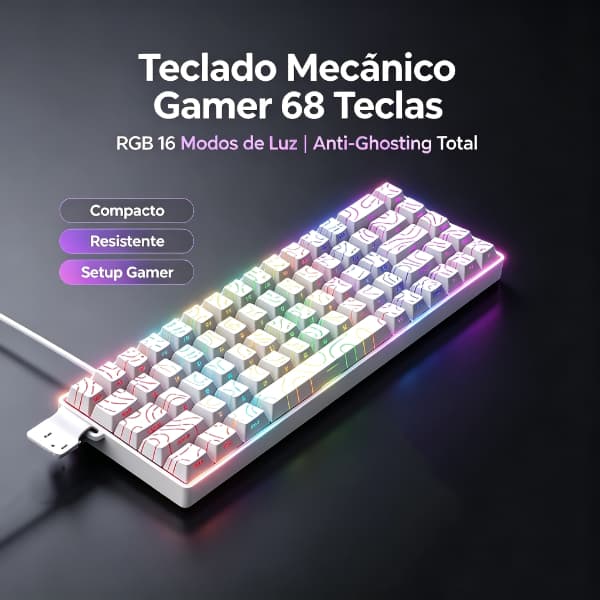 Teclado Mecânico Para Jogos De 68 Teclas , Modos De Iluminação RGB 16 , Anti-Ghosting , USB Compacto E Escritório