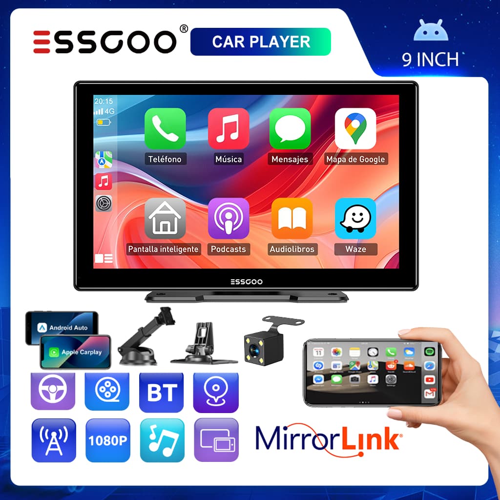 ESSGOO Rádio Automotivo Multimídia De 9 Polegadas Para Carro Sem Fio Apple Carplay E Android Auto Com Câmera Traseira