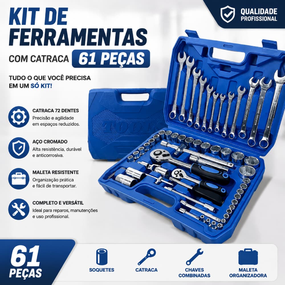 Kit Ferramentas para Mecânica Automotiva com 61 Peças Jogo Soquete Chave Combinada Catraca