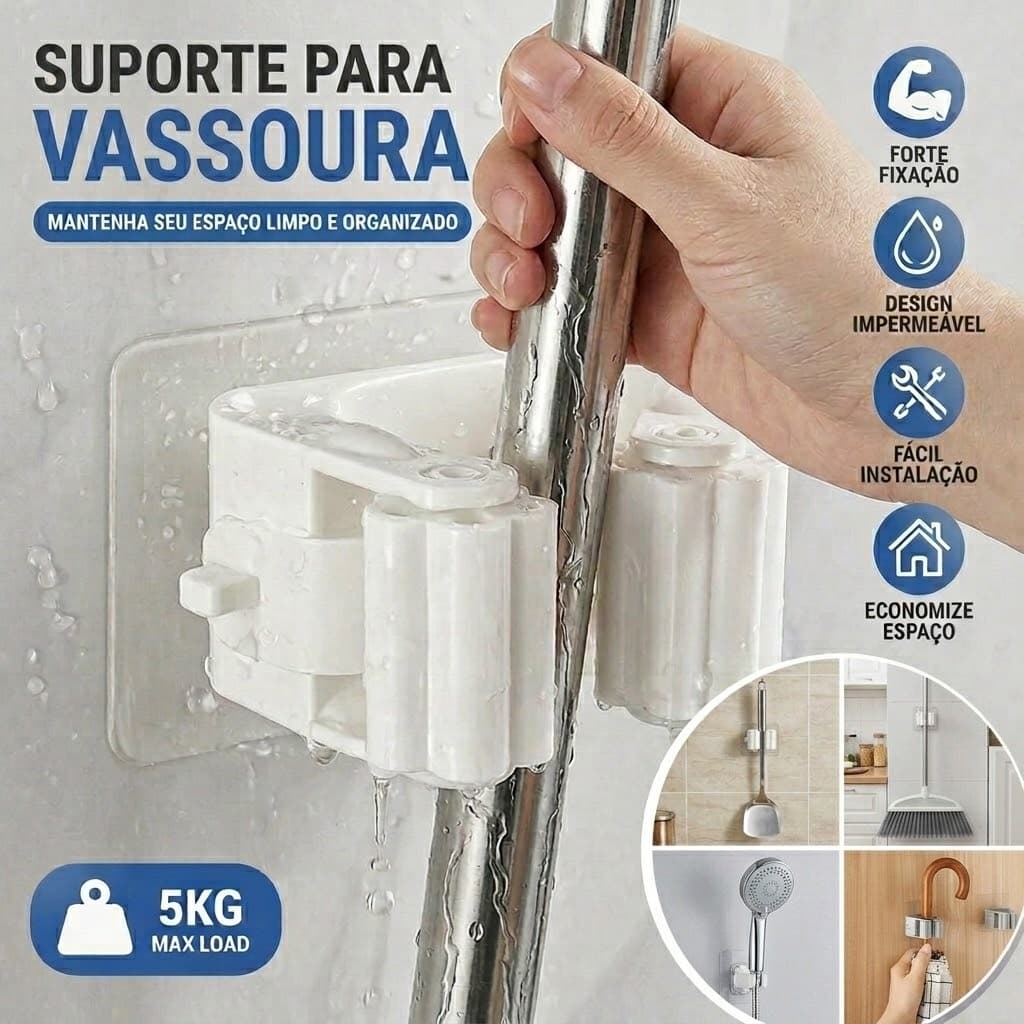 Kit 2/3/6 Suporte de Vassoura e Rodo Adesivo de Parede Multiuso Sem Furos Organizador Mop Utensílios Cozinha Lavanderia