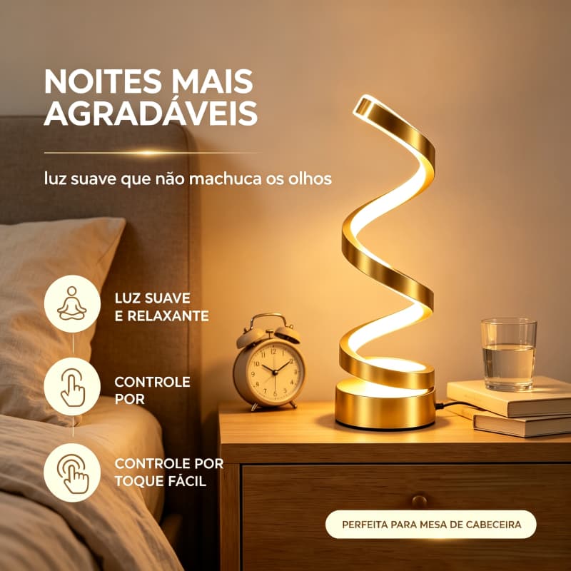 Luminária de Mesa LED Espiral Moderna 3 Cores Bivolt, Luz Suave Ajustável para Escritório Quarto e Decoração de Ambiente