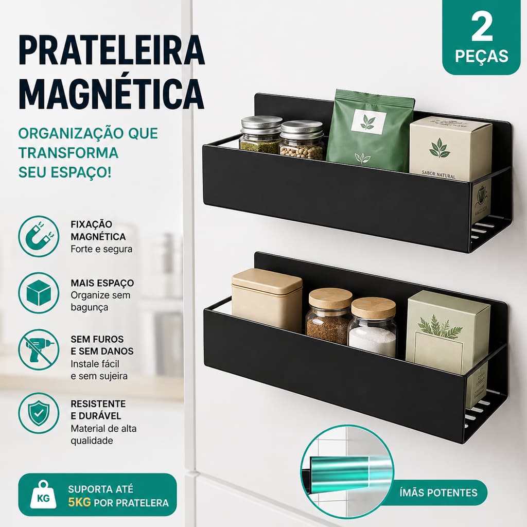 Kit 2 Prateleira Magnética Para Geladeira Organizador Cozinha Rack Suporte Multiuso Temperos