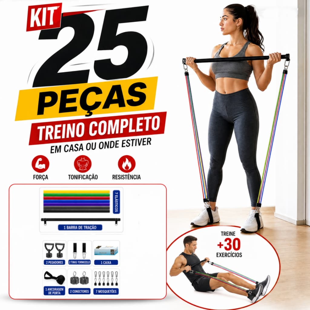 Kit 25 Itens Treino em Casa: Elásticos Extensor + Barra Pilates + Faixas Mini Band+Acessórios Completos para Musculação