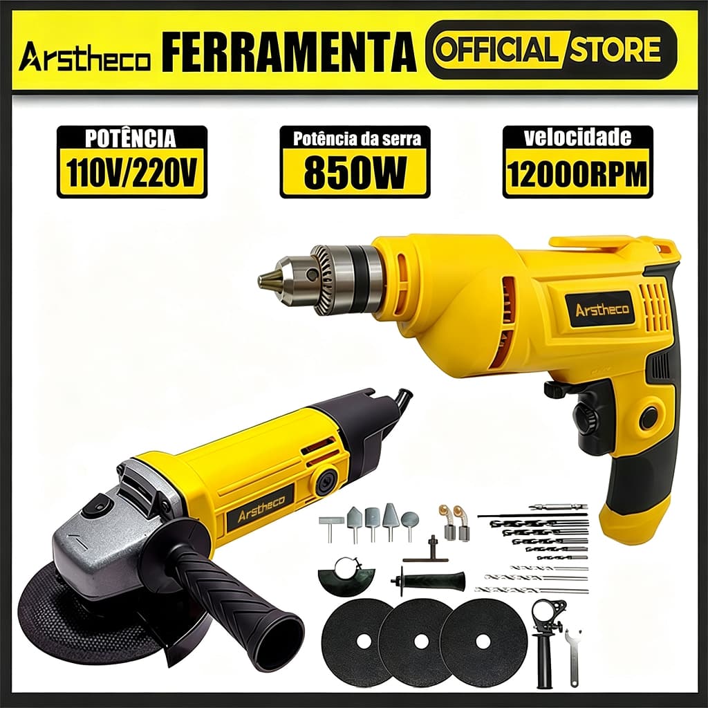 Kit 850w Furadeira de Impacto  e 850w Lixadeira Esmerilhadeira Angular e Maleta de Transporte Com Acessórios