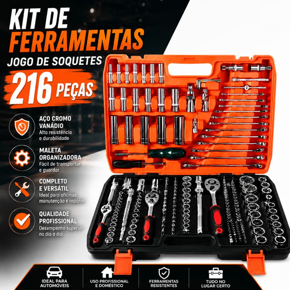 Kit Jogo De Chaves de Soquete com Catraca 216 Peças Completo com Estojo