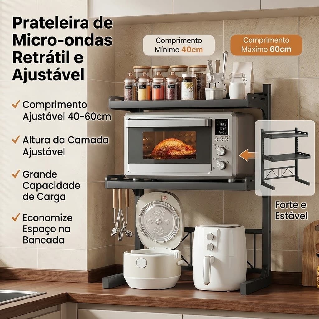 Suporte Para Microondas Montado Na Parede – Prateleira Ajustável Organizador De Cozinha