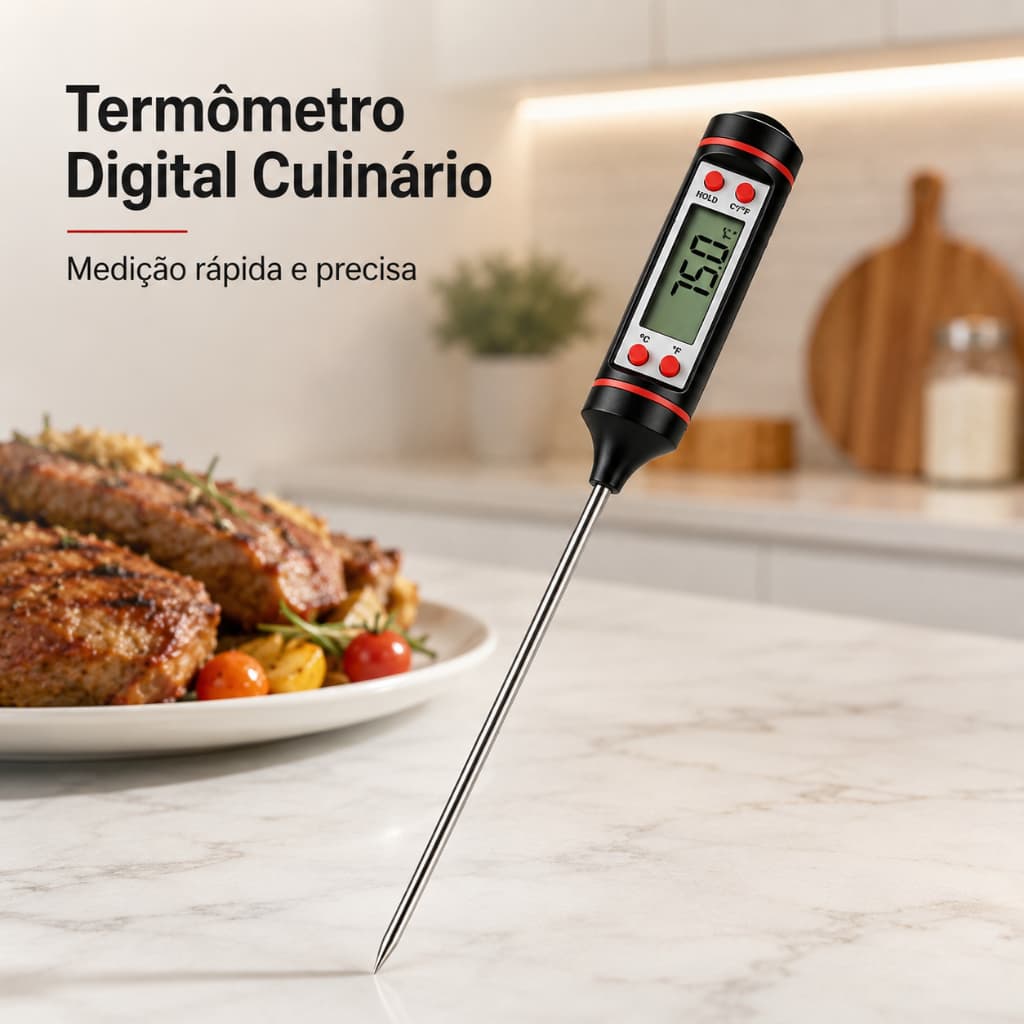 Termômetro Digital Culinário com Sonda Longa em Aço Inox – Controle Preciso da Temperatura